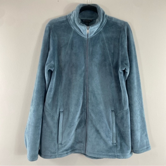 Athleta Recover Stretch Fleece Full Zip Jacket Sage/Gray Pockets Mock Neck Sz LT - Picture 2 of 9